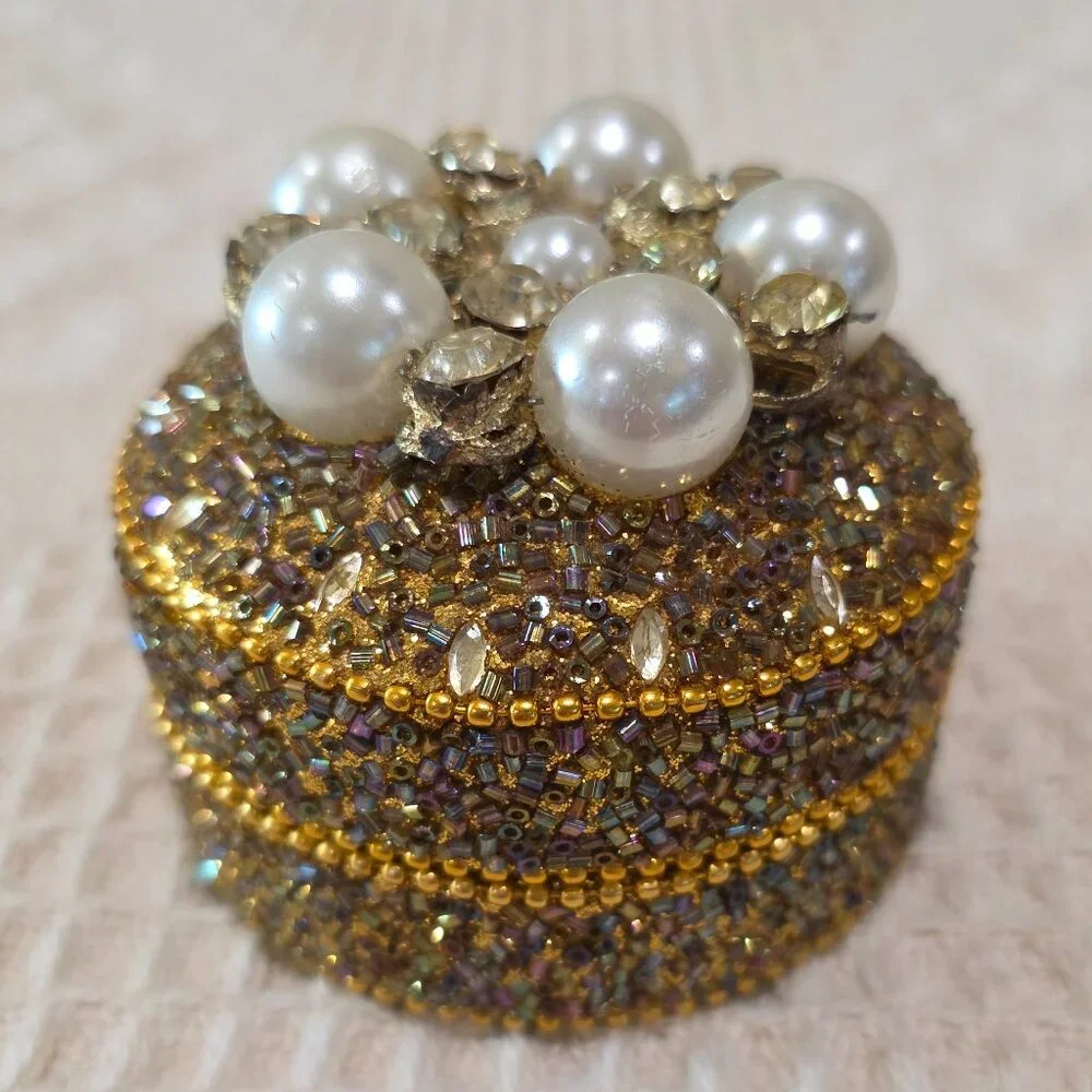 Vintage Gold Bead Pearl & Rhinestone Encrusted Metal Trinket Gift Vanity Box